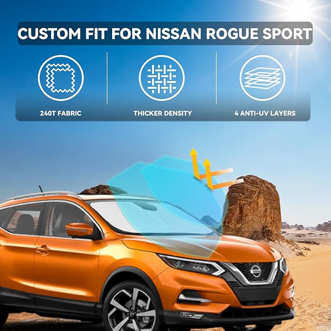for Nissan Rogue Sport 2017-2024 Windshield Sun Shade - 4 Layers Car Sunshades for Front Windows Shade Cover Custom Fit Rogue Sport Sun Visor 240T Retractable Shade Blocks UV Rays Car Accessories
