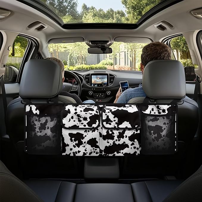 Cow Print Car Trunk Organizer and Storage Backseat Hanging Organizer, Washable Car Accessories Oxford Cloth Space-Saving Backseat Car Organizer for SUV/MPV/Truck/Sedan/Van