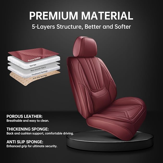 SCDOOCA Car Seat Covers Full Set Burgundy, Luxury Leather Car Seat Covers, Waterproof and Breathable Seat Covers, Universal Car Seat Protector Fit for Cars, Trucks, SUVs, Pick-ups (Wine Red, FullSet)