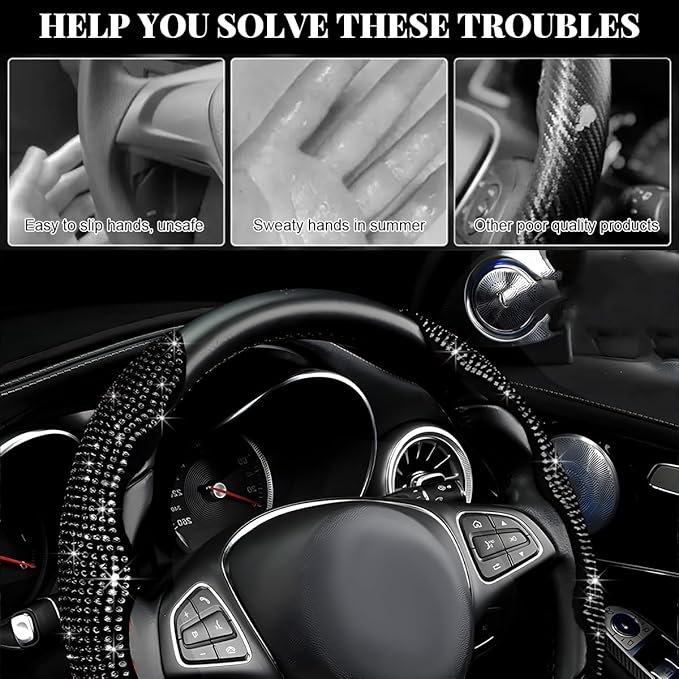 2 PCS Steering Wheel Cover, Segmented Car Wheel Covers with Crystal Rhinestones, Non-Slip Protector Bling Sparkly Decoration for Most Steering Wheels, Car Accessories (Black)
