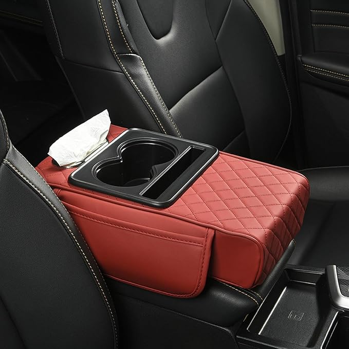 Car Armrest Cushion, 5-in-1 Center Console Cover with 2 Storage Bags Cup Holder Tissue Box Slot, Car Center Console Cover Pad Car Armrest Box Cover for SUV Truck (red)