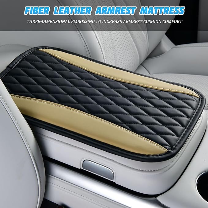 Car Center Console Cover, PU Leather Waterproof Vehicle Armrest Seat Box Protector, Automotive Interior Arm Rest Cushion Protection Accessories, Universal for SUV Sedan Truck (Black/Beige)