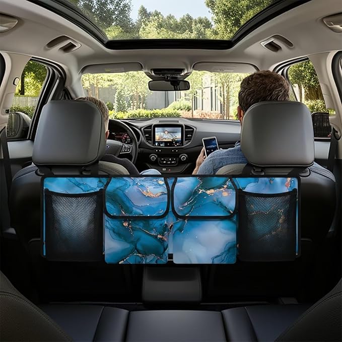 Car Trunk Organizer, Blue Marble Backseat Hanging Large Storage with Adjustable Straps & 4 Pockets, Waterproof Collapsible Cargo Bag, Car Interior Accessories