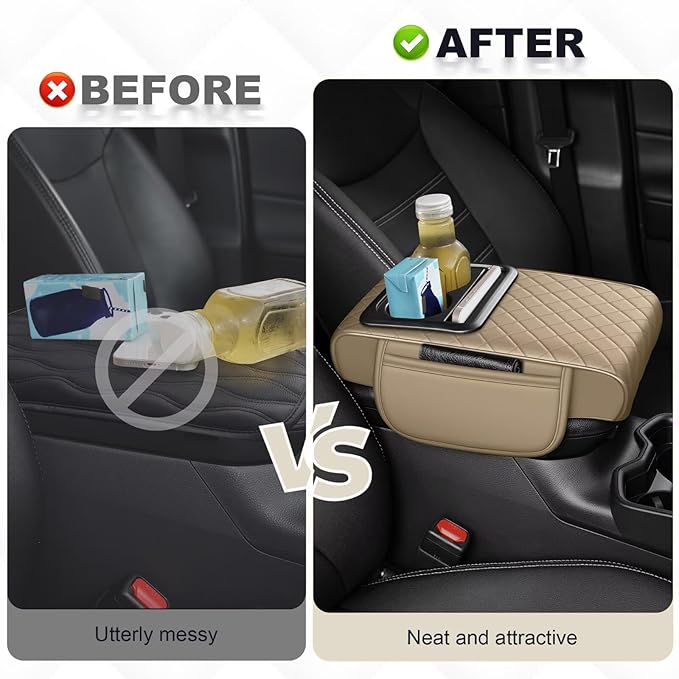 Center Console Cover Fit for Corolla Faux Leather Car Armrest Cushion with Storage Bags, Cup Holder ＆ Phone Storage Multifunctional Middle Console Cover(Beige)