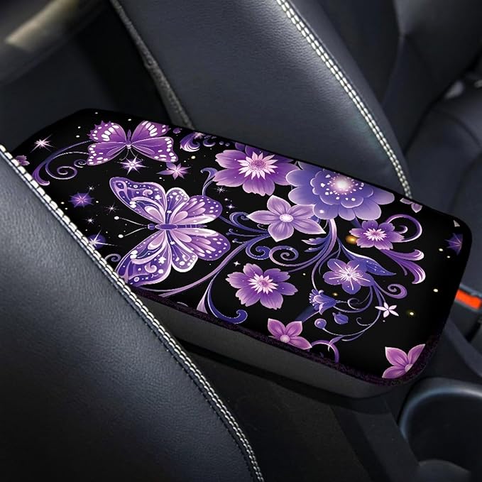 Purple Butterfly Car Console Covers Armrest Console Cover Soft Car Center Console Cover Accessories Protect from Pet Claws Universal Cars Interior Accessories Decoration