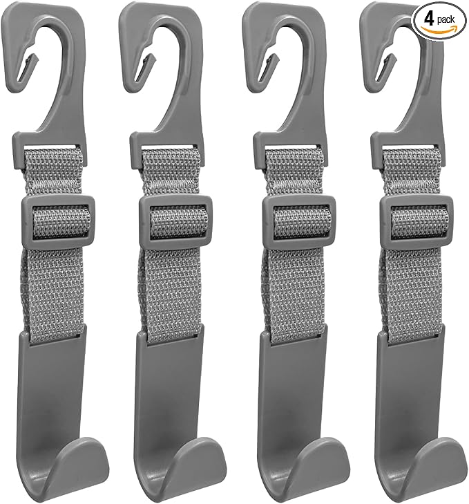 4PCS Car Seat Headrest Hook, Adjustable Vehicle Backseat Hanger Storage Organizer, Universal Seat Back Holder Hooks for Purse Coat Grocery Bag, Car Accessories (Gray)
