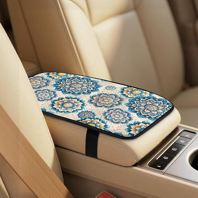 FUSURIRE Blue Mandala Flower Print Seat Covers for Cars Full Set 5-Pcs, PU Car Accessories Seat Belt Covers Pads + Vehicle Armrest Protector for Women Men Interior Accessories Decor