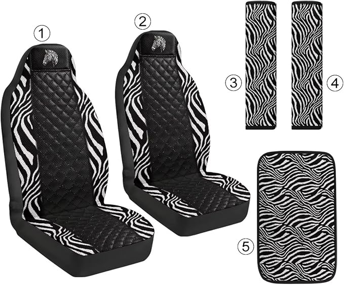 Psesaysky Zebra Black Car Seat Covers for Women Men, Car Front Seat Protector with 2 pcs Shoulder Strap Pads Cover Center Console Armrest Covers Universal Fit Most Truck SUV Van