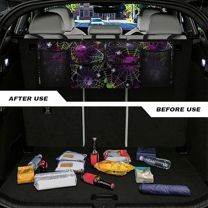 CLOHOMIN Skull Car Trunk Organizer Cobweb Backseat Hanging Organizer Sturdy Backseat Storage Organizer for Car Easy to Install Auto Organizer Bag