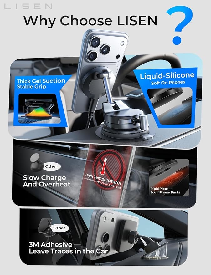 LISEN 15W Magsafe Car Mount Charger， [ SuctionPro ] 15W Wireless Car Charger, Suction Cup Phone Holder,360° Vacuum Magnetic Phone Holder for iPhone 17 Pro Max Air 17-12,Samsung S25 with MagSafe Case