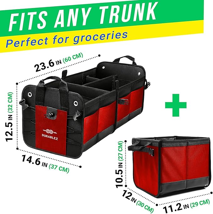 DURABLEZ XL Trunk Organizer 3-Section Modular – Extra Large Car Storage for Groceries & Travel Gear, Multi-Compartment Foldable Cargo Bin – Red