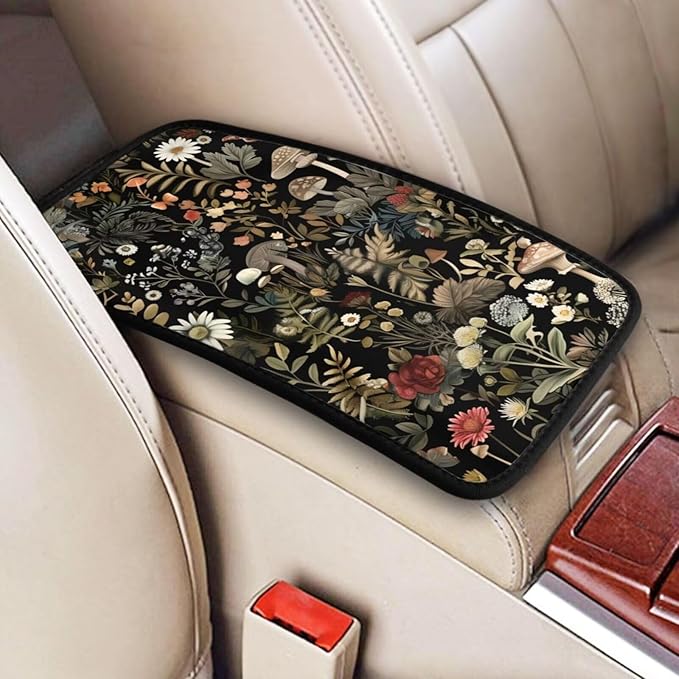 Mushroom Print Car Center Console Cover Botanical Cute Plant Arm Rest Covering Cushion for Cars Sedans Vans Truck Vehicles SUV Vintage Armrest Pads