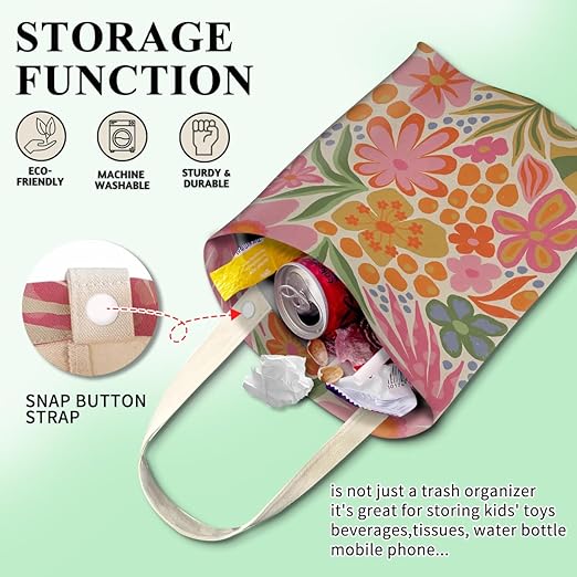 Car Trash Can, Cute Car Trash Bag, Hanging Car Organizer and Storage Bag, Trash Bin for Car Accessories, Vehicle, Travelling, Camping Cute Pink Flowers