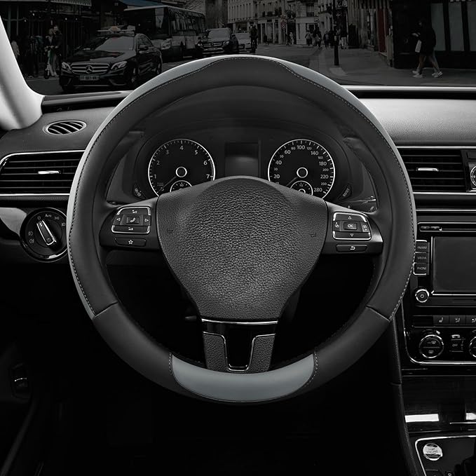 Road Comforts Steering Wheel Cover, Breathable Anti-Slip Leather Steering Wheel Cover, Universal Fit 14.5–15 Inch, Comfortable Grip - Gray Color