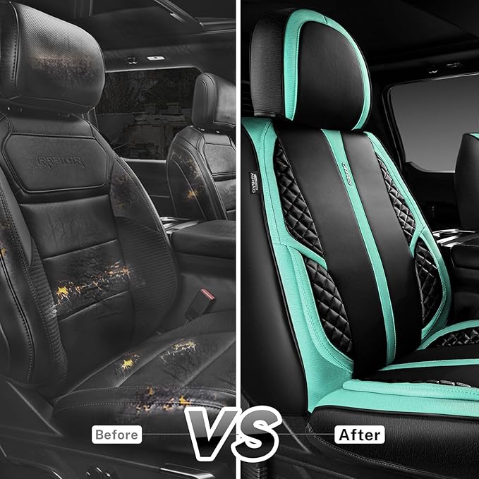 CAR PASS Nappa Leather Car Seat Covers Front Seats Only, Luxury PU Leatherette Seat Covers 2 Pack, Waterproof Durable Car Seats Cushion Protector, Universal Fit for Sedan SUV Truck Van(Black Mint)
