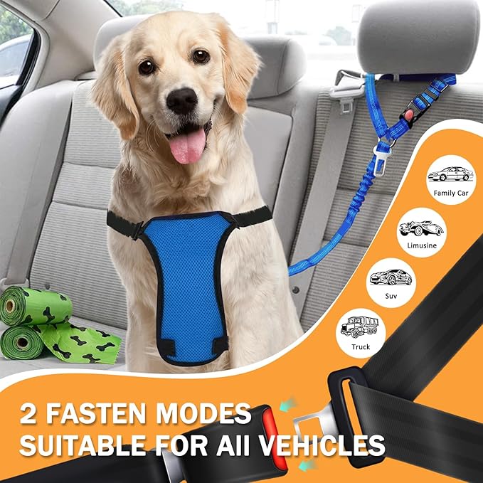 4 Piece Set Vehicle Harnesses, 2 in1 Dog Belts for Cars, Pet Harnesses Headrest Restraint Clip Adjustable Dog Car Harness Belt with Anti-Shock Elastic Bungee Buffer for All Vehicles
