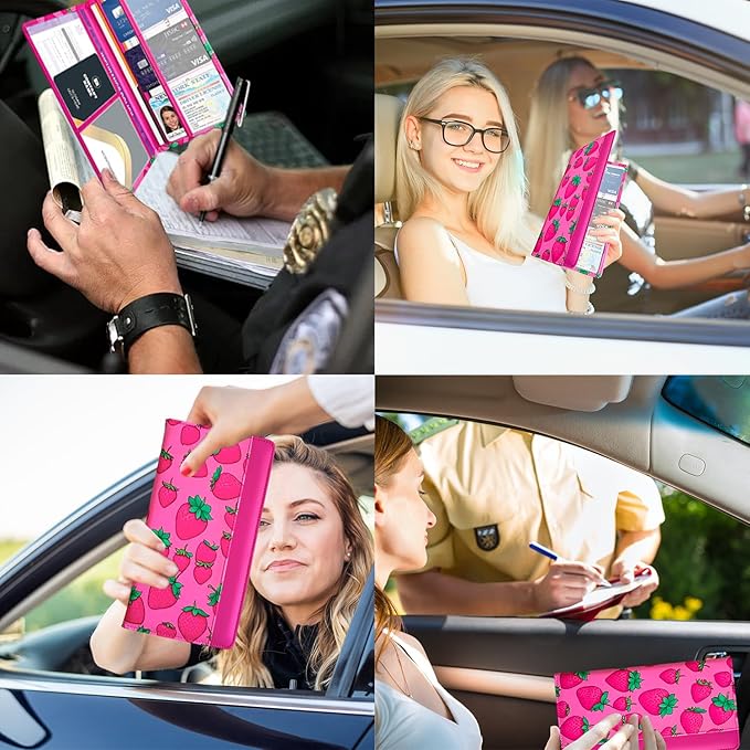 FinestHouse Car Registration and Insurance Holder with Magnetic Closure, Universal Document Organizer for License, Insurance Cards & Glove Box Storage (Strawberry-Hot Pink)