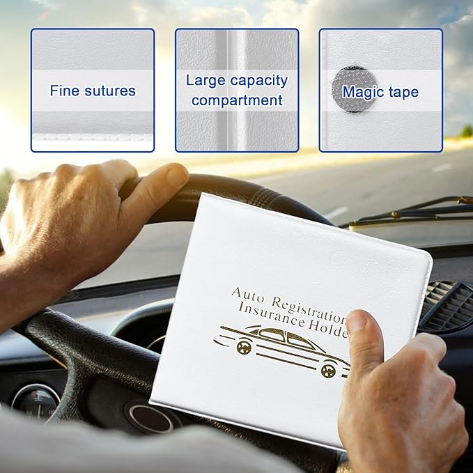 Ziciner Car Registration Insurance Holder, 2Pack Essential Auto Card Document Glove Box Organizer with Touch Fastener, Vehicle Interior Accessories Perfect for Most Car, Truck, SUV (White/Gold Words)