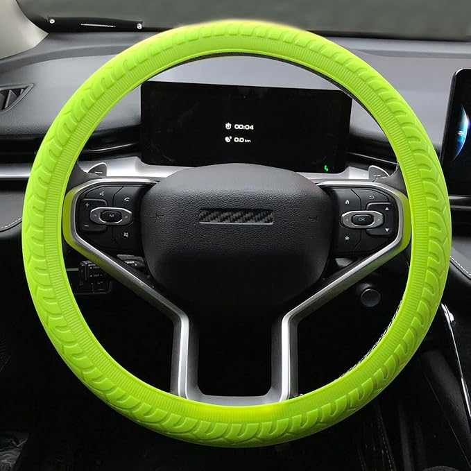 Universal Green Steering Wheel Cover：13.5 to 15 Inches Flexible Silicone Anti Slip Steering Wheel Protector Fit for Most Car Models Including Round D Shape or Special Shape