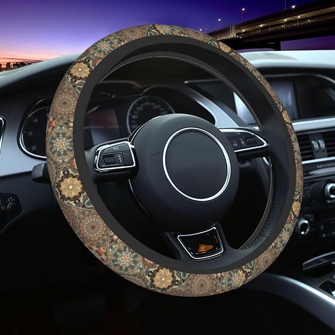 Bohemia Steering Wheel Cover with 2 Car Coasters Non Slip Neoprene for Women Men Universal 15 Inch