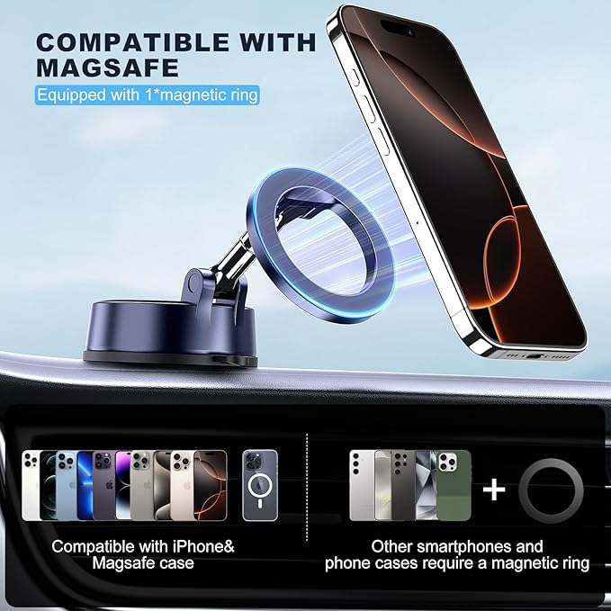 MOKPR Car Phone Holder for Magsafe, Vacuum Magnetic Car Phone Mount Foldable Hands-Free Suction Cup Phone Holders for Your Car for iPhone 16 Pro/Pro Max 15 14 13 12