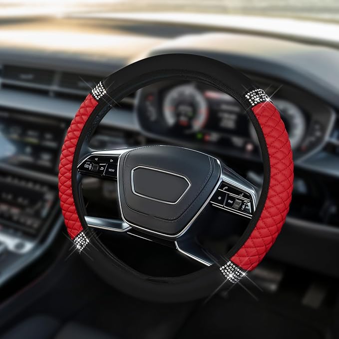 Car Steering Wheel Cover, Steering Wheel Accessories, Breathable Microfiber Leather Auto Wheels Protector, Universal 15 Inch Anti-Slip Protector for SUV Sedan Truck (Bling-Red)