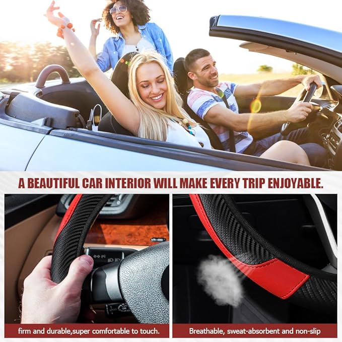Car Steering Wheel Cover, Steering Wheel Protector, Universal 14.5-15 Inch Microfiber Leather Breathable Auto Steering Wheel Covers, Carbon Fiber Steering Wheel Cover for Women Men (Red)