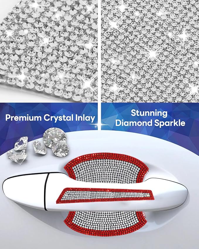 8Pcs Bling Car Door Handle Protector Stickers,Crystal Rhinestone Glitter Car Door Handles Cup Scratch Protectors Decals Universal (Red White)