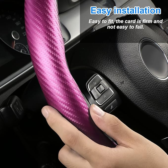 Car Steering Wheel Cover, Carbon Fiber PU Leather Segmented Steering Wheels Protector, Breathable Anti Slip Durable Auto Interior Accessories for Women Men (Carbon Fiber Pink)