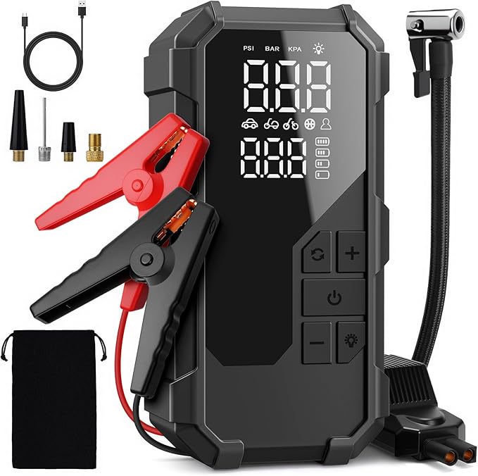 Jump Starter with Air Compressor, 3000A Portable Jump Starter Car Jump Box with 150PSI Tire Inflator (9.0L Gas/8.0L Diesel), 12V Emergency Battery Booster, LED Light, Gift for Man