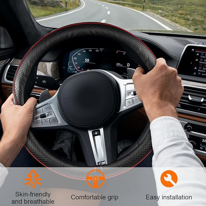 Car Steering Wheel Cover, 14.5-15" Leather Anti-Slip Sport Style Vehicle Steering Wheel Protector, Breathable Auto Interior Protection Accessories, Universal for SUV Van RV (Black)