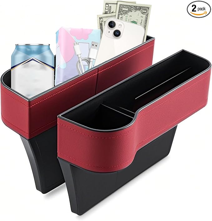 AIUSLN 2026 Upgraded 2 PC (L+R) Premium PU Leather Car Seat Gap Filler Organizer with Cup Holder & Storage Slot/Bag– Fits Front Seat, Holds Phone, Glasses, Keys,Car/SUV/Truck Essentials Gifts