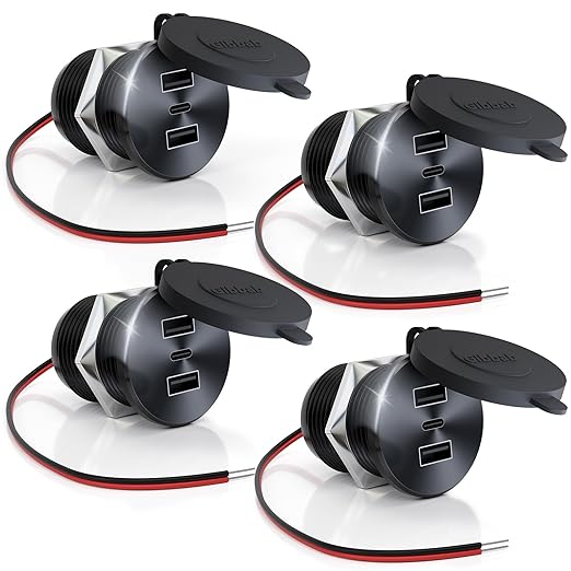 4PCS RV USB Outlet 72W Aluminum Alloy 12V/24V 3 Charging Ports, GIBBAB 36W PD3.0+2 18W QC3.0 Fast Charging Socket, Waterproof Cover Recessed Mount Car Charger Cigarette Lighter Replacement for Camper