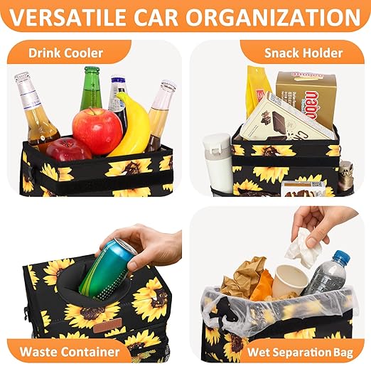 Vankor Car Trash Can for Car Cute,Bag Bin Hanging Waterproof Automotive Garbage Cans Leak Proof Vehicle Trash Can Sunflower