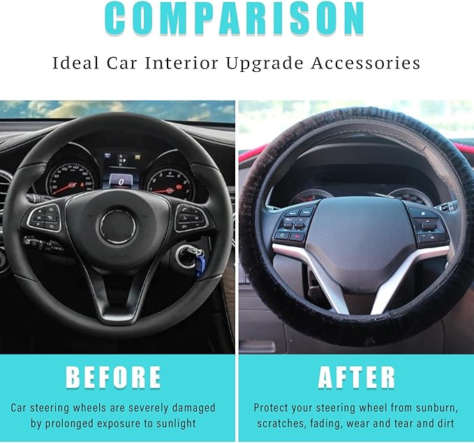 Ziciner Elastic Fuzzy Steering Wheel Cover, 15'' Soft Steering Wheel Protector for Warm Winter, Anti-Slip Fluffy Car Wheel Covers, Universal Car Interior Decor Accessories for Women Men (Black)