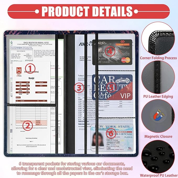 Car Registration Holder, Waterproof PU Leather Vehicle Card Document Glove Box Organizer, Women Interior Auto Accessories Case for Cards, Driver License Car Insurance Holder, Sun Moon Pattern