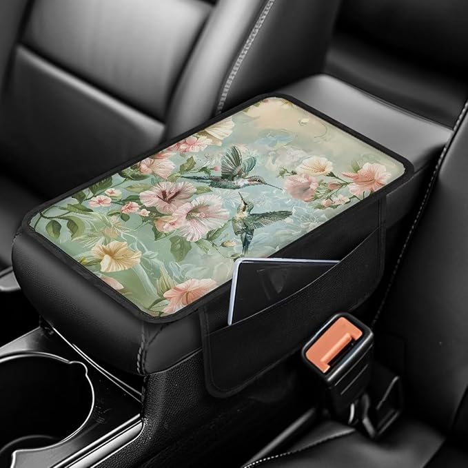 Dreaweet Hummingbird Flower Print Arm Rest Cover for Car Truck SUV Van,Elegant Car Accessories Teal Center Console Covers with Pockets,Soft Comfy Car Armrest Cover Pad,Easy to Install