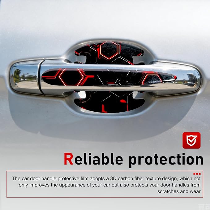 8PCS Car Door Handle Scratch Protectors, 3D Carbon Fiber Door Handle Bowl Sticker, Waterproof Scratch-resistant Self-adhesive Protective Film, Universal for Most Vehicles (Red)