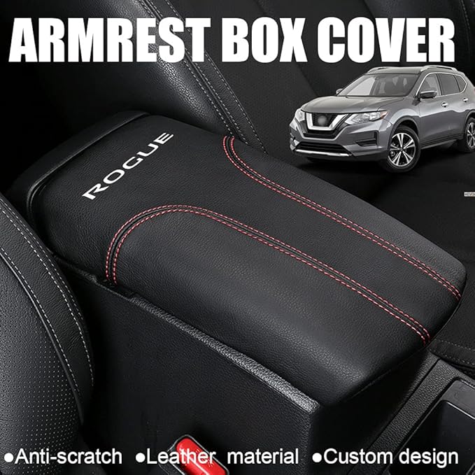 XITER Car Armrest Cover Saver, 1 Pc Center Console Leather Pad Fit for Nissan Rogue 2014-2020, 2017-2022 Rogue Sport Central Console Armrest Box Protector Interior Accessories (Red Stitches)