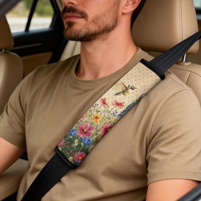 Qeluxign 5 Piece Car Seat Covers Set for Women Men Hummingbird Colorful Floral PU Leather Seat Covers Belt Pads and Armrest Cover Universal Fit Car Accessories