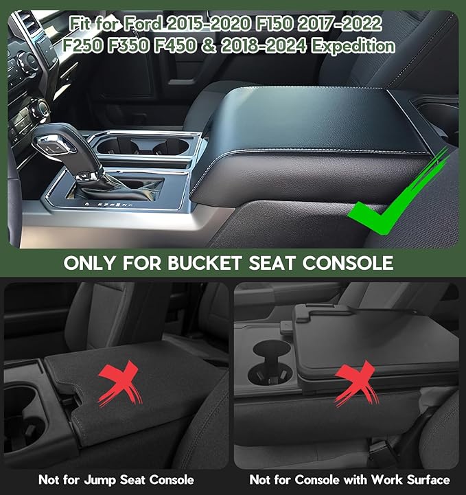 Center Console Cover Compatible with Ford F150 2015-2020, F250 F350 F450 2017-2022, Expedition 2018-2024, PU Leather Armrest Box Cover, Truck Interior Accessories, Anti-Scratch Protector