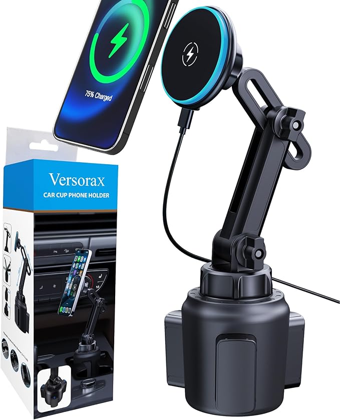 Magnetic Cup Phone Holder Car Wireless Charger for MagSafe, 15W Fast Charging Car Mount Stand for iPhone 16 Pro Max/15/14/13/12, Cupholder Expander, LED Light Ring, Strong N52 Magnets