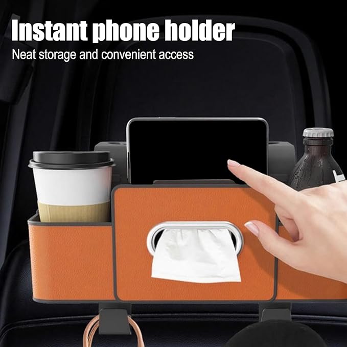 Car Back Seat Organizer with Hooks & Tissue Dispenser – Faux Leather Storage Box with Cup Holders, Multi-Compartment for Sunglasses & Chargers, Compatible with Most Seat Orange 2pcs