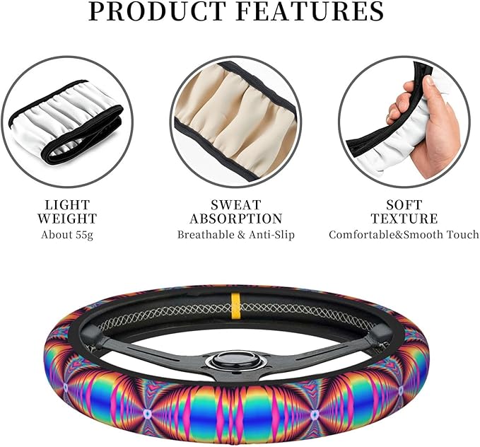 Neoprene Steering Wheel Cover Colorful Psychedelic Kaleidoscope Pattern Car Steering Wheel Cover Universal Fit for Most Cars