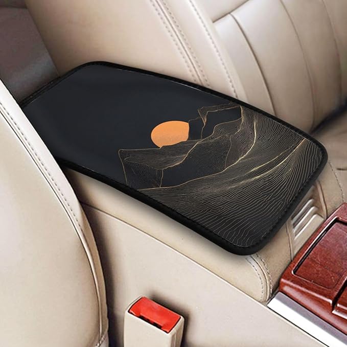 Mountain Golden Sun Center Console Cover Pad, Car Armrest Seat Box Cover Cushion Universal for Most Vehicle SUV Truck, Car Interior Accessories Decor, Protect from Pet Claws & Dirt