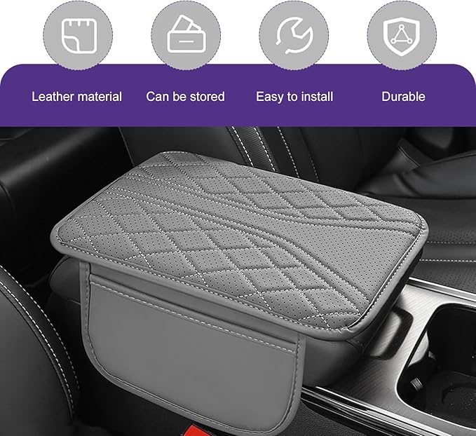 Cuymoap Car Armrest Cushion, Breathable Support Cover for Enhanced Elbow Comfort, Waterproof Anti-scratch Center Console Protector with Side Storage Pocket, Universal Slip-on Design for Car (Gray)