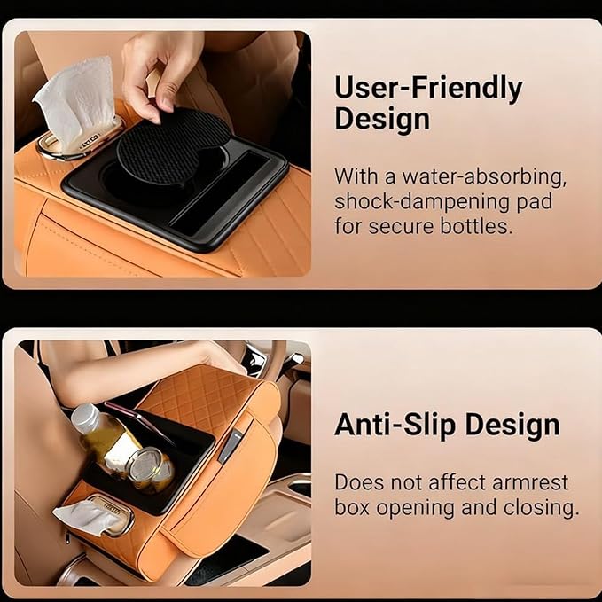 Multifunctional Pu Leather Car Armrest Box Mat With Cup Holders, Universal Armrest Box Pad, With Side Pockets, Easy To Clean Interior Organizer Waterproof For Cars, Trucks, Suvs (Embossed, Black)