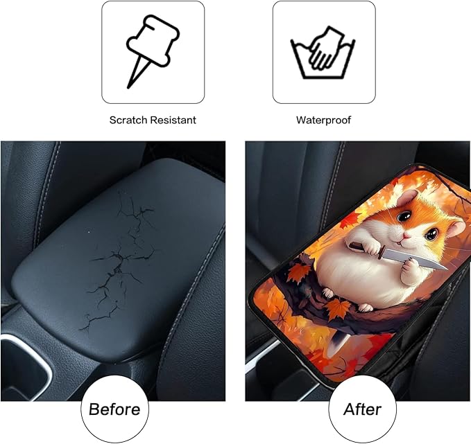 JANENFNA Car Armrest Cover Pads Universal Fashion Cute Auto Center Console Armrest Cover Pad with 2PCS Car Coasters Soft Waterproof Car Armrest Seat Protector for Women,Cate Hamster