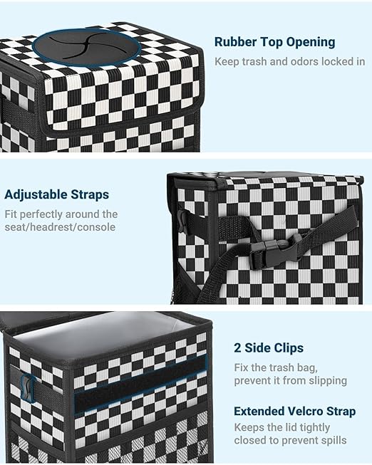 Capolo Car Trash Can with Lid, Leakproof Car Trash Bag Hanging Waterproof Automotive Garbage Can with Storage Pockets Mini Vehicle Trash Bin for Back/Front Seat(Corduroy Black Checkerboard,3 Gallon)
