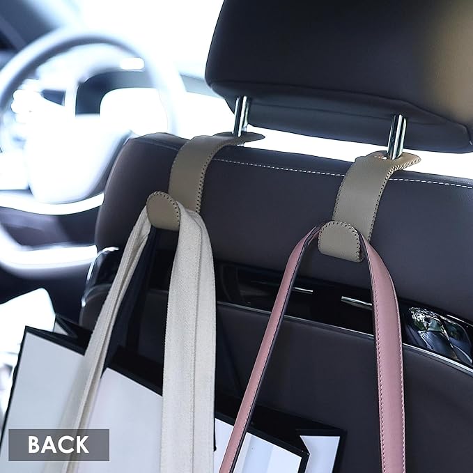 AMVOYOA Leather Car Hooks for Headrest - Fully Leather-Wrapped U-Shaped Purse Holder for Car, Flexible Seat Back Organizer & Durable Car Accessories for Purses, Bags, Coats & More (Beige, 2 Pack)